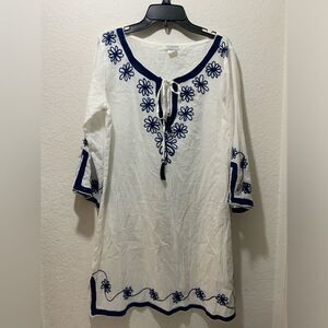 Debbie Katz south beach white embroidered blue top size Medium